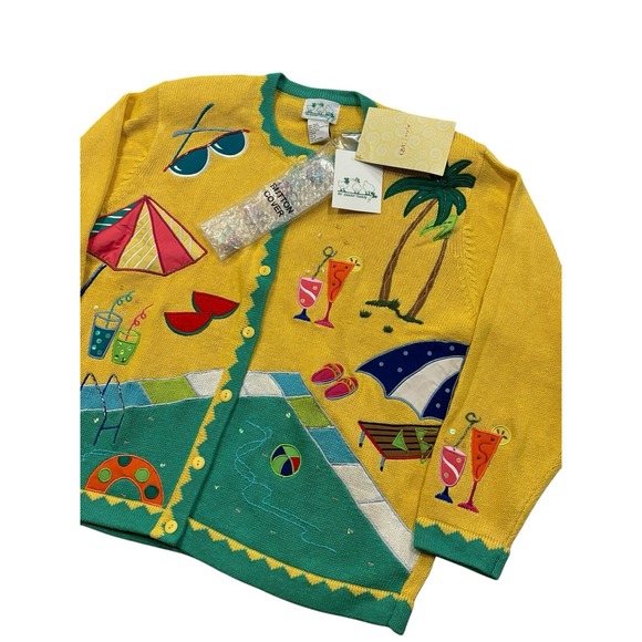 NWT Quacker Factory Pool Beach Theme Cardigan Sweater Appliqué Beads Women's L - Picture 3 of 8